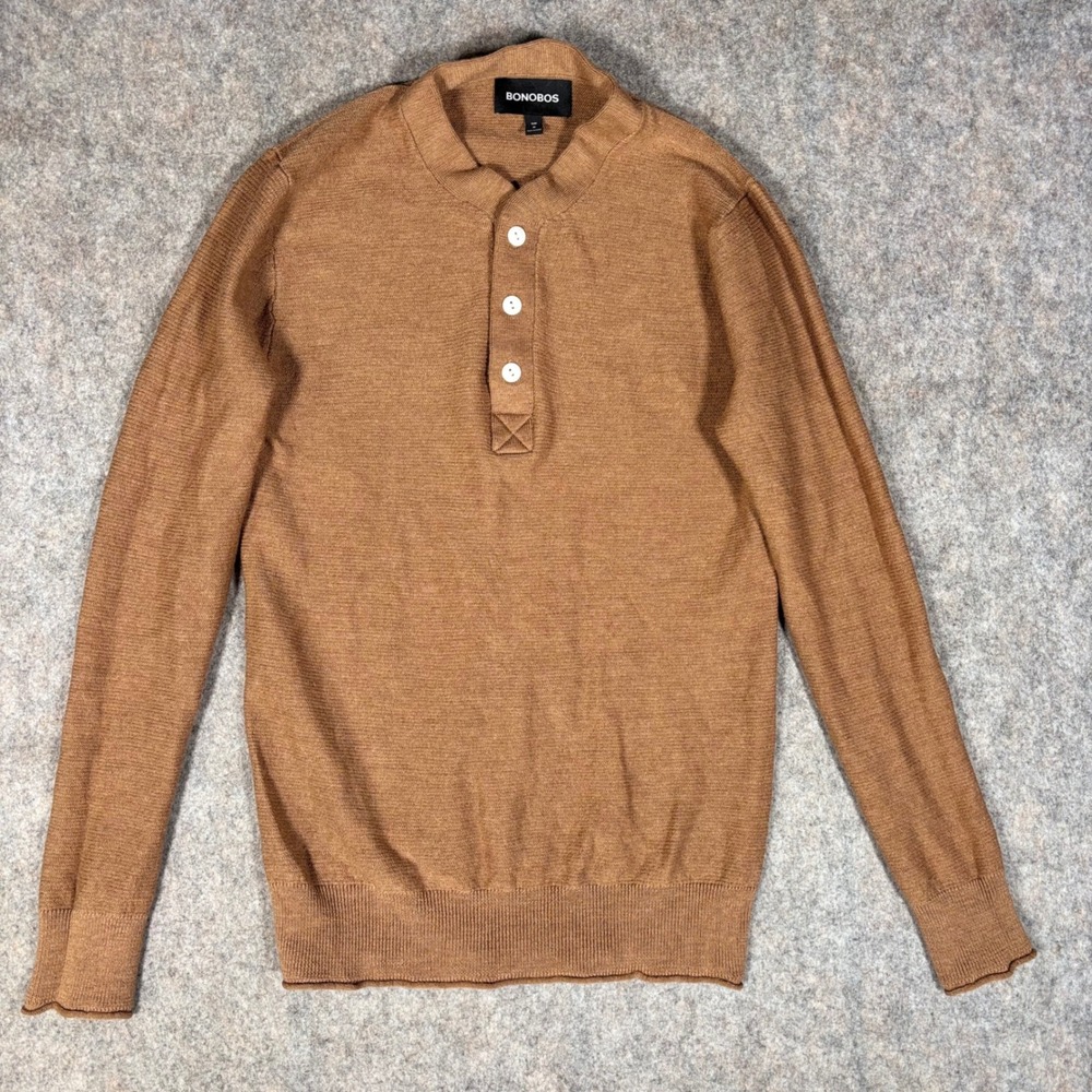 Bonobos Henley Sweater Mens Medium M Brown Merino Wool Slim Fit 17292-BR648